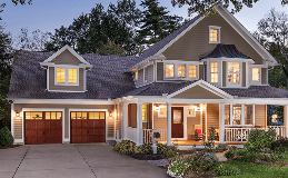 Arbor Grove Fiberglass Entry Door with Capella Glass and coordinating garage door - Reserve Wood